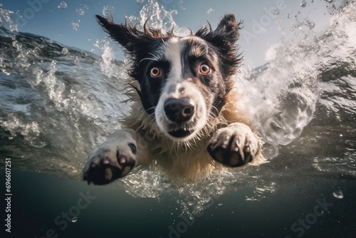 Hund Australian Shepherd spingt ins Wasser, schwimmt im Wasser und taucht im Wasser photo