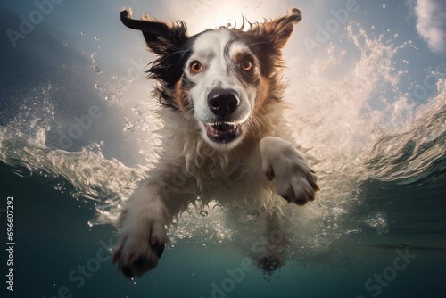 Hund Australian Shepherd spingt ins Wasser, schwimmt im Wasser und taucht im Wasser