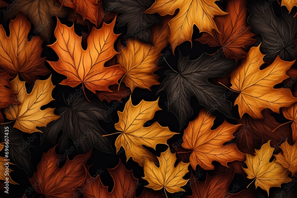 Generative AI image of autumn leaves on black are beautiful to look at
