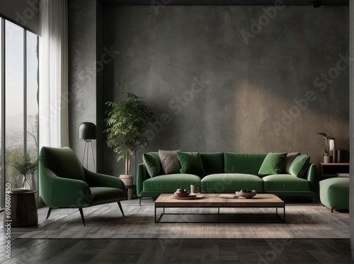 Interior of modern living room with black floor lamps, wooden coffee table and green armchairs