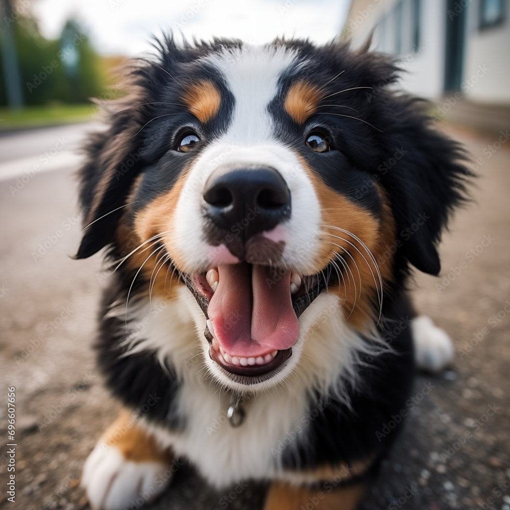 Berner Sennenhund, Portrait Hundewelpe. Flauschiger glücklicher Welpe Berner Sennenhund, Portrait Hundewelpe. Flauschiger glücklicher Welpe