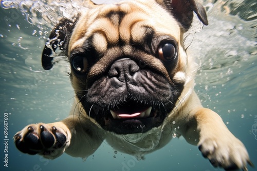 Hund Mops spingt ins Wasser, schwimmt im Wasser und taucht im Wasser