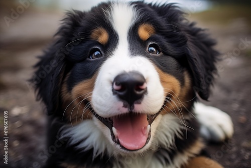 Berner Sennenhund, Portrait Hundewelpe. Flauschiger glücklicher Welpe