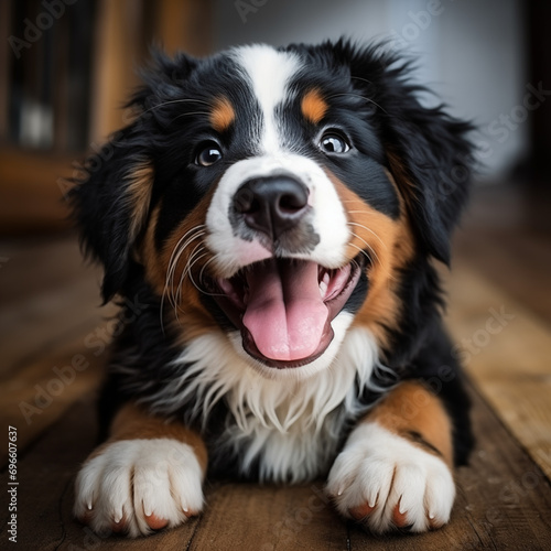 Berner Sennenhund, Portrait Hundewelpe. Flauschiger glücklicher Welpe