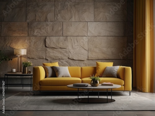 Mustard luxury sofa near chic and unique stone textured paneling wall