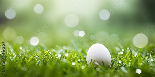 White egg standing on lush, short green spring grass. Green blurred, bokeh background. Egg with some darker sports. Celebrate spring, Easter season. Card, banner with copy space.