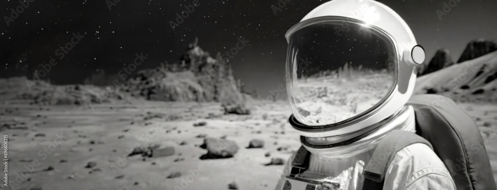 Astronaut on a Lunar Surface with Earth in the Distance. A monochrome portrayal of an astronaut on a moon-like landscape with the Earth visible in the far-off sky