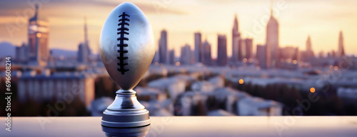 American Super Bowl Football Trophy Overlooking Urban Skyline at Twilight. A football trophy sits before a blurred cityscape as the sun sets, casting a warm glow