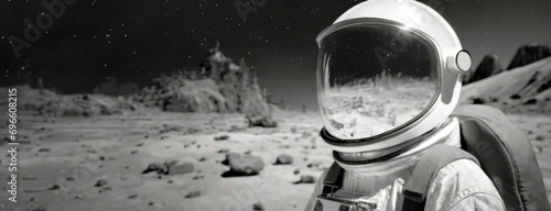 Obraz na płótnie Astronaut on a Lunar Surface with Earth in the Distance. A monochrome portrayal of an astronaut on a moon-like landscape with the Earth visible in the far-off sky w salonie