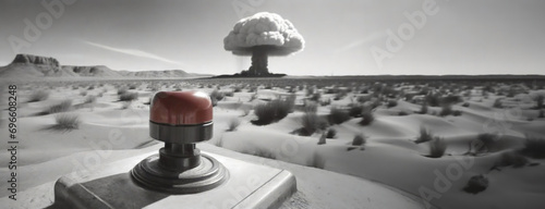 Emergency Button in Desert Landscape with Nuclear Explosion. An emergency stop button is ominously positioned in a barren desert, with a large mushroom cloud in the background