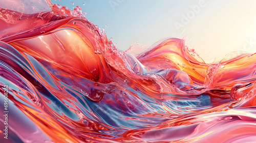 An abstract digital artwork with fluid shapes in shades of red, pink, and blue