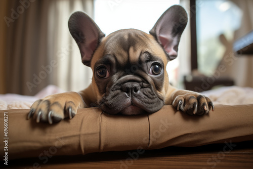 Französische Bulldogge, Frenchie, Portrait Hundewelpe. Flauschiger glücklicher Welpe, Hundeglück © GreenOptix