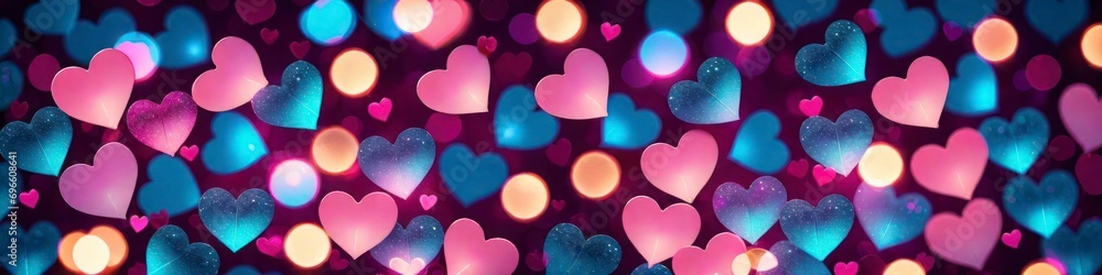 Abstract banner, concept Valentine's or birthday or Mother's Day or Women's Day, blurred background of glowing pink and blue hearts along with bokeh spots