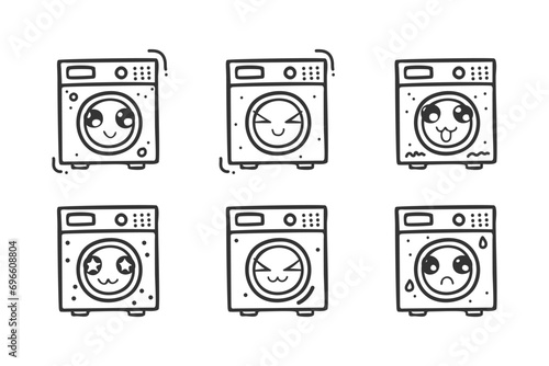 hand drawn washing machine character with various expressions