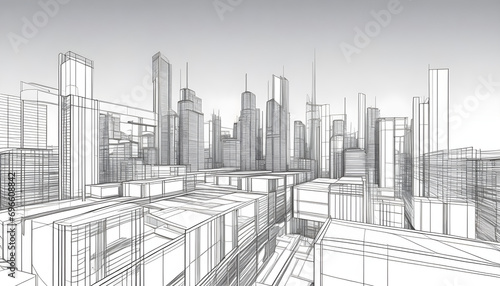 3D illustration  abstract modern urban landscape line drawing  imaginative architecture building construction perspective design.