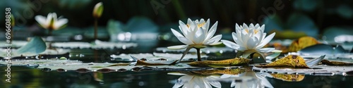 A tranquil scene of water lilies on a reflective pond  their delicate blossoms floating serenely on the calm water surface.