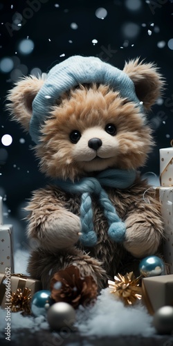 Ursinho peludo, fofo e feliz com roupas azuis na neve com luzes desfocadas no fundo - Papel de parede natalino © vitor