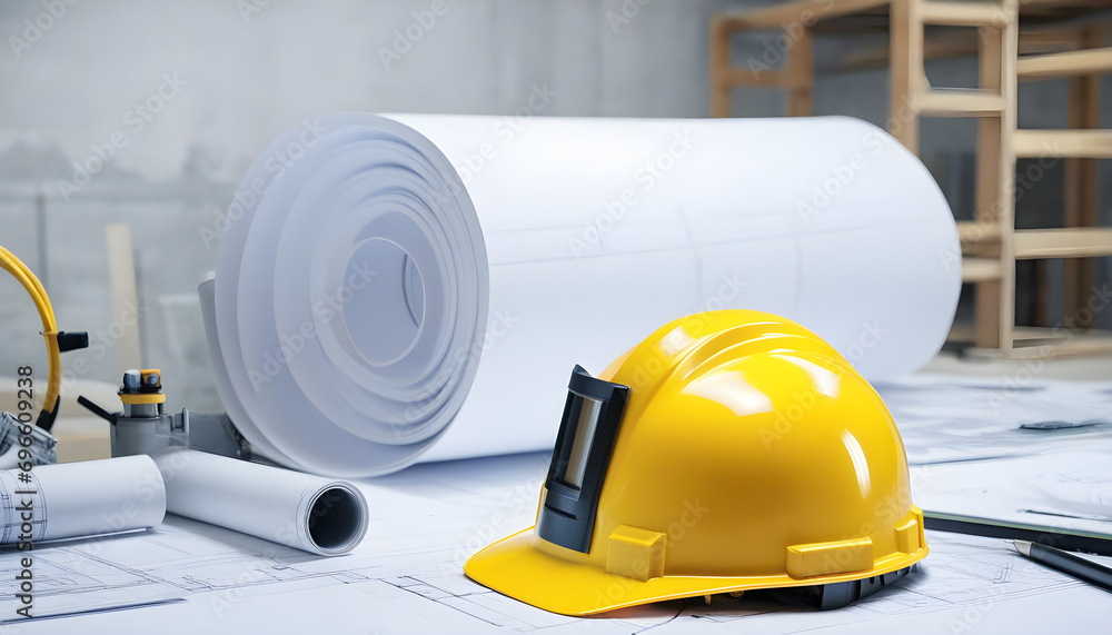Close up of architecture project of building and yellow helmet over design equipment
Close up of architecture project of building and yellow helmet over design equipment