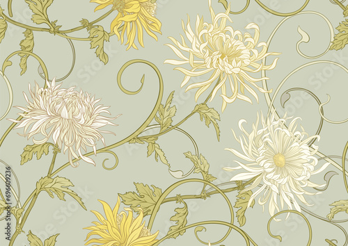 Chrysanthemum decorative flowers and leaves in art nouveau style, vintage, old, retro style. Seamless pattern, background. Vector illustration.