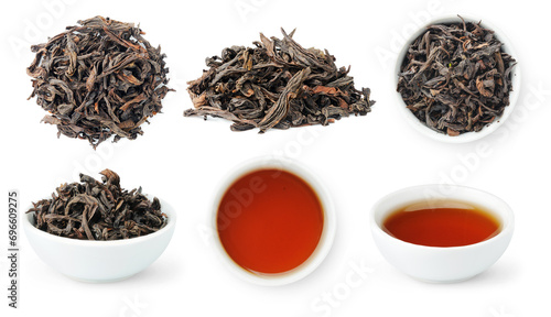 Fotografía Da Hong Pao, Big Red Robe Oolong, collection of loose leaves and bowls of brewed