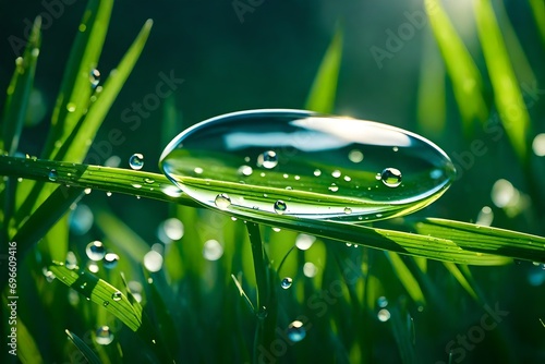 A beautiful large drop of dew on a blade of grass in the morning light. Water drop in nature closeup macro