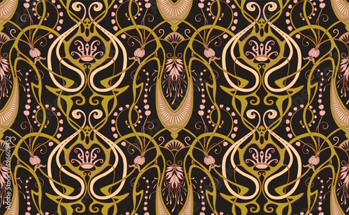 Fantasy flowers, decorative flowers and leaves in art nouveau style, vintage, old, retro style. Seamless pattern, background. Vector illustration. photo