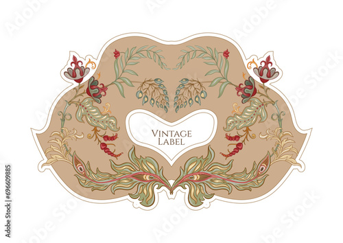 Fantasy flowers in retro, vintage, jacobean embroidery style. Border, frame, template for product label, cosmetic packaging. Vector illustration.
