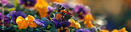 Intimate shot of a butterfly perched on a bed of vibrant pansies, its delicate wings adding an extra layer of beauty to the scene.