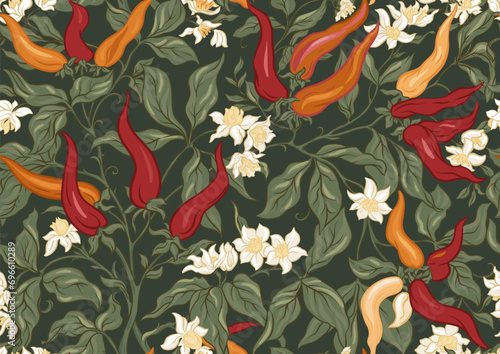 Hot chilly pepper plant with fruits and flowers Seamless pattern, background. Vector illustration. In art nouveau style, vintage, old, retro style.