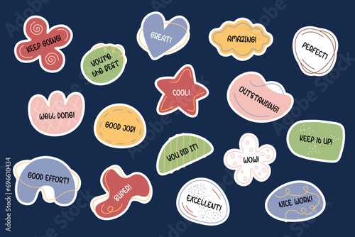 Motivational and encouraging stickers pack. Good job, great, well done, excellent. School reward labels, encouragement signs. Educational stickers, inspirational phrases for personal planner. Vector