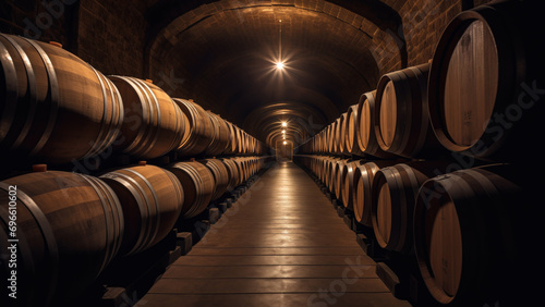 Long dimly lit wine cellar with rows of wooden barrels on racks along a central pathway