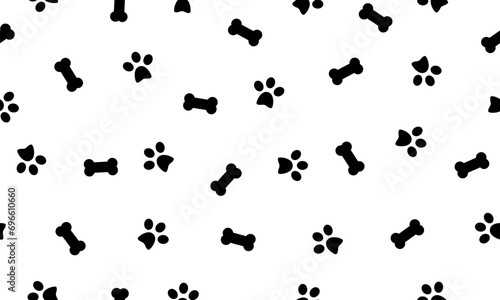 Dog  seamless pattern. Bone paw footprint. Black and white background. Pets adoption. Veterinary care and facilities. Homeless pet rescue