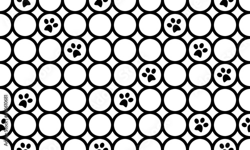 Dog paw seamless pattern cat footprint. Black and white background. Pets adoption. Veterinary care and facilities. Homeless pet rescue