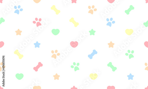 Dog  seamless pattern. Bone paw footprint star heart. Light background. Pets adoption. Veterinary care and facilities. Homeless pet rescue