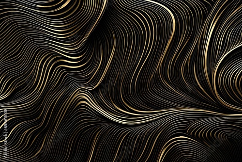 eautiful black abstract luxury background with 3D texture of wavy lines with golden edges. AI generated photo