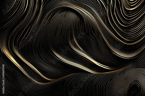 eautiful black abstract luxury background with 3D texture of wavy lines with golden edges. AI generated photo