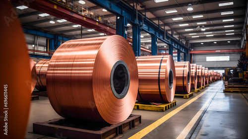 Des grosses bobines de cuivre sur une palette dans entrepôt industriel. photo