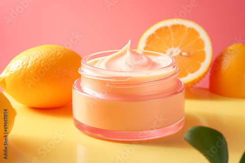 jar of vitamin C face cream and citrus fruits photo