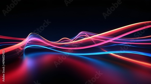 3d render. Abstract neon background. Fluorescent ines glowing in the dark room with floor reflection. Virtual dynamic curvy ribbon. Fantastic panoramic wallpaper. Digital data transfer. Energy concept photo