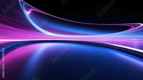 3d render. Abstract neon background. Fluorescent ines glowing in the dark room with floor reflection. Virtual dynamic curvy ribbon. Fantastic panoramic wallpaper. Digital data transfer. Energy concept photo