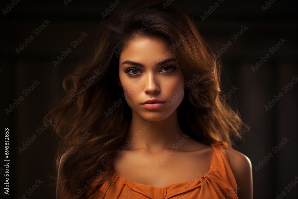 a beautiful woman in a orange dress, strong facial expression, dark white and dark brown, simple, multi-layered