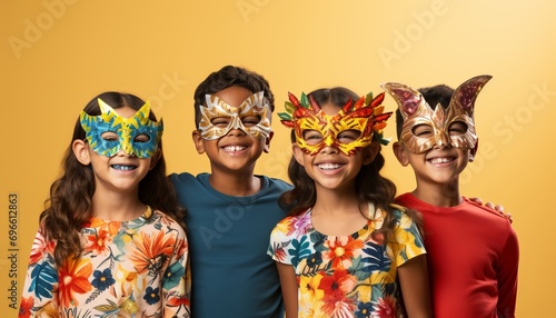 Kids wearing carnival masks on vibrant solid color background studio shot with space for text