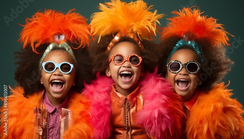 playful children wearing colorful carnival masks on vibrant studio background with space for text