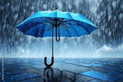 Beautiful blue umbrella close-up against the background of rain. AI generated. photo