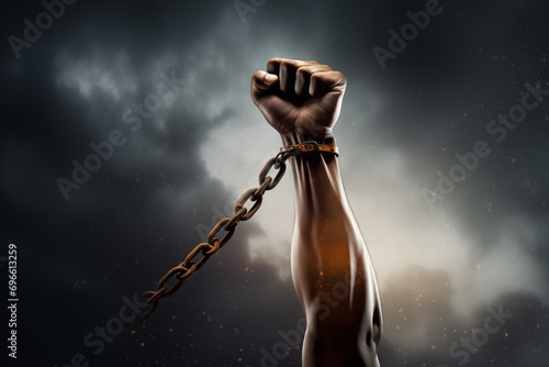 A clenched fist raised high, bound by a heavy chain with a glowing shackle against a stormy, dark sky. Resistance and the fight for freedom concept