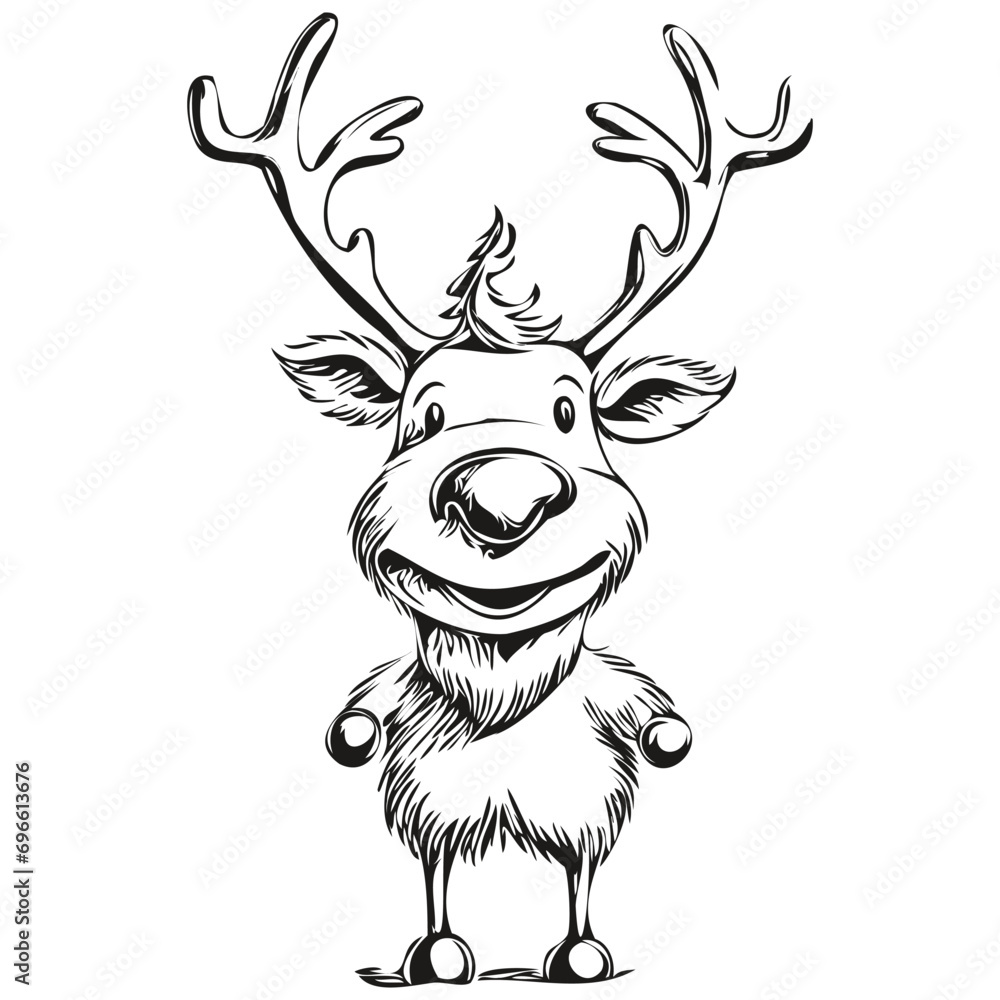 Cartoon Sketch of Christmas Reindeer, deer Hand Drawn Vintage Engraved, black white isolated Vector ink outlines template for greeting card, poster, logo, invitation
