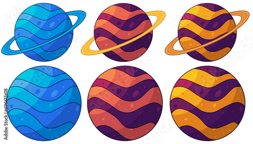 set de ilustraciones de varios planetas aislados con anillos y sin anillos en colores azul, naranja y amarillo con purpura, ilustracion de cuerpos celestes, espacio