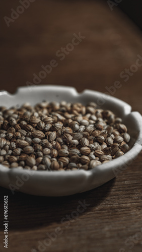 Coriander seeds in a bowl on wooden background. Close up.