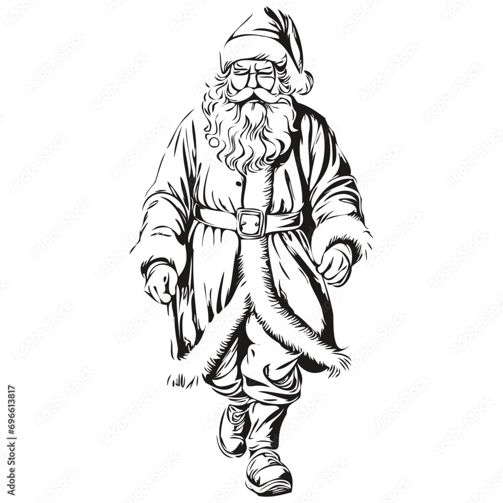 Santa Claus Vintage Engraved Silhouette Detailed Sketch, Classic Father Christmas Art, black white isolated Vector ink outlines template for greeting card, invitation, logo