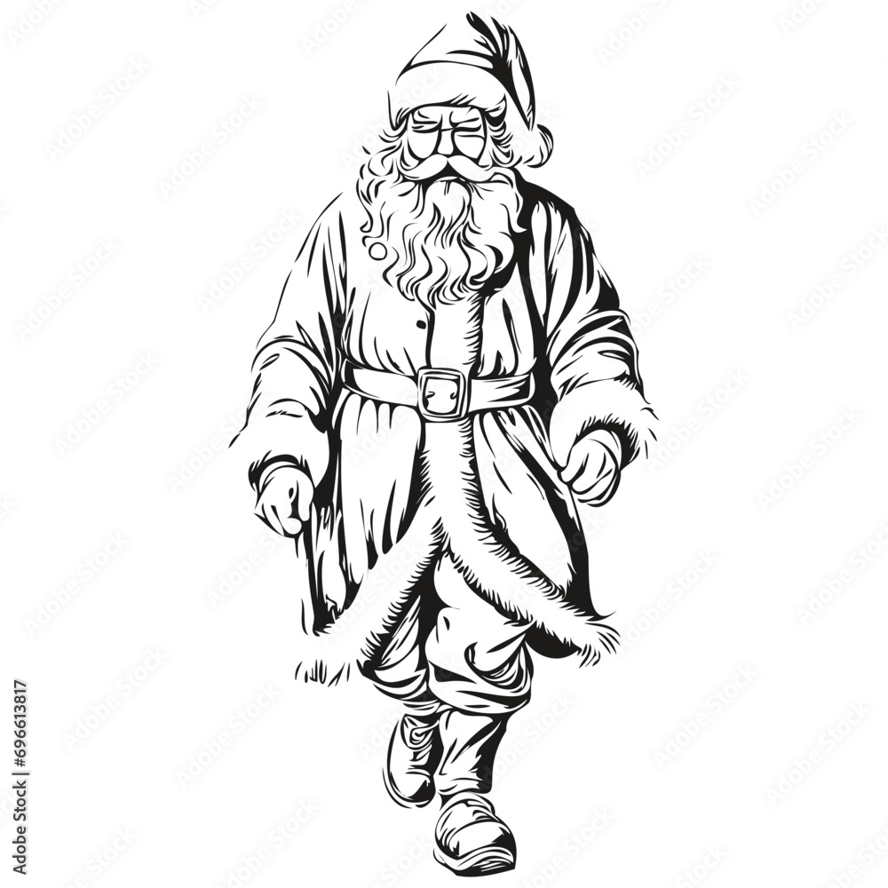 Fototapeta premium Santa Claus Vintage Engraved Silhouette Detailed Sketch, Classic Father Christmas Art, black white isolated Vector ink outlines template for greeting card, invitation, logo